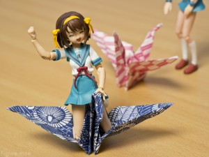 Haruhi riding an paper crane given to me by some Japanese students in Hiroshima, Japan.